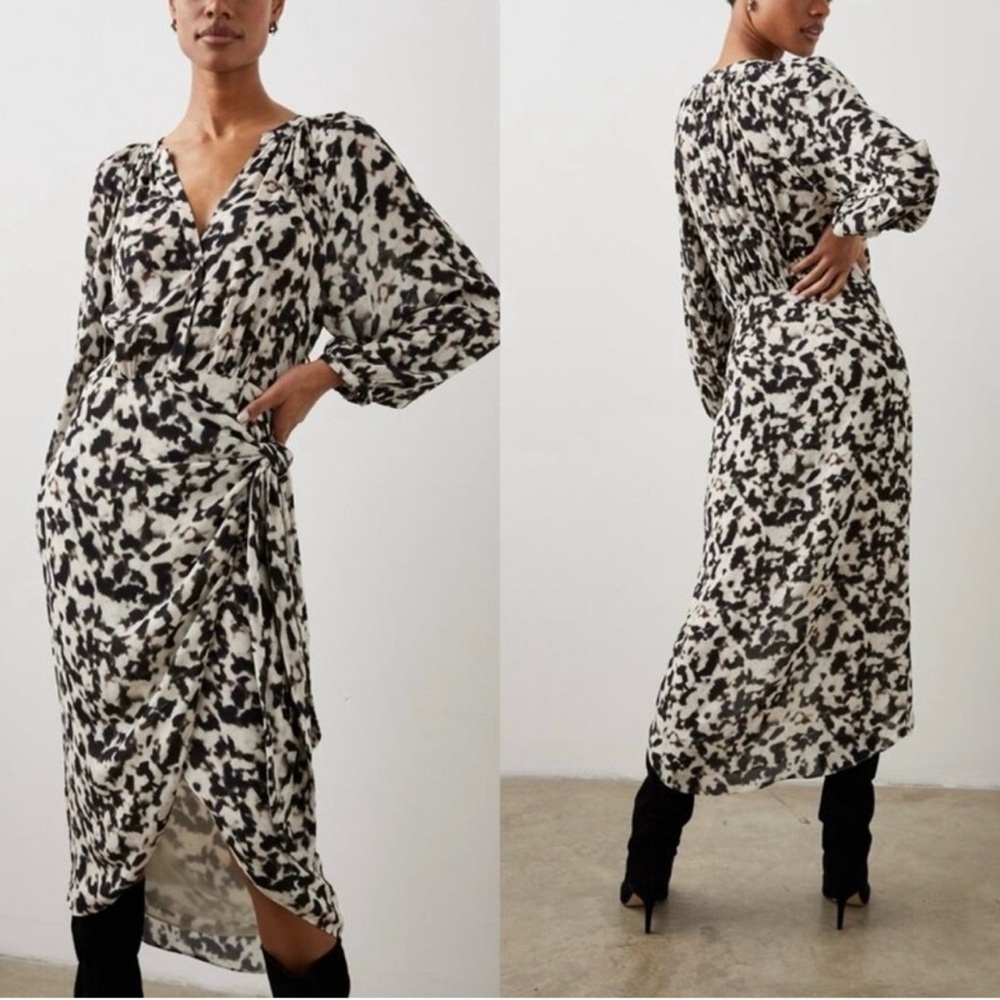 Rails Tyra Blurred Cheetah Faux Wrap Midi Dress Long Sleeve size Large NWT